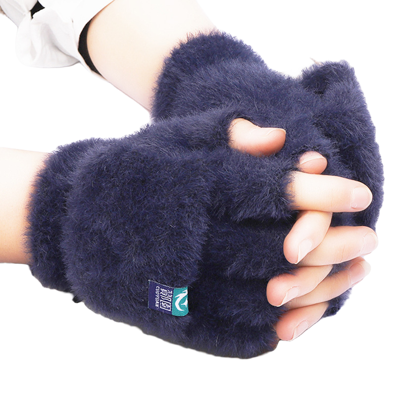 毛绒手套女冬季保暖学生露指头翻盖手套户外手套加厚防寒网红爆款