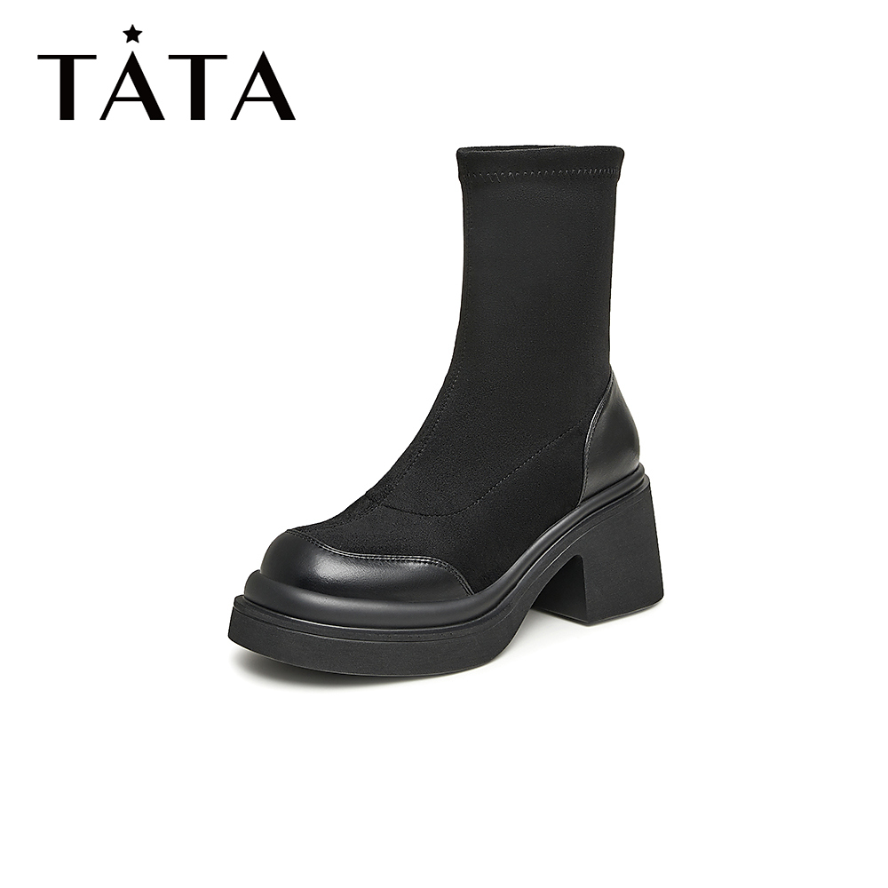 【邓莎优享】Tata/他她2023冬简约百搭纯色方跟弹力靴女新DWEC1DZ3