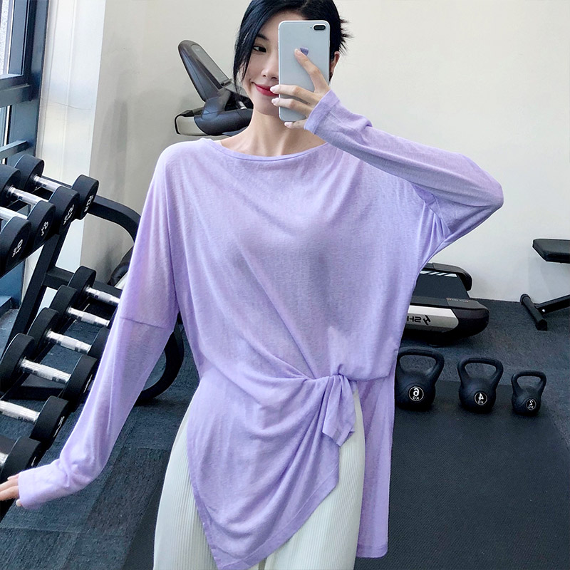 annerun运动罩衫女宽松健身上衣速乾双侧开叉遮肉显瘦长袖瑜伽服