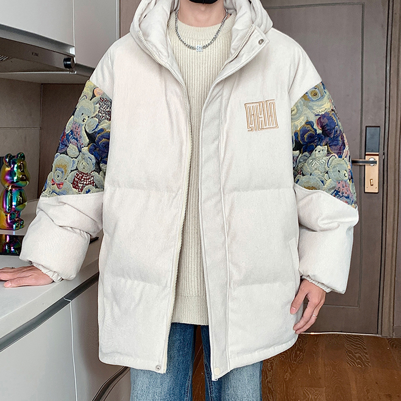 韩版情侣保暖加厚棉服男款冬季2023新款百搭外景大码绣花小熊棉衣