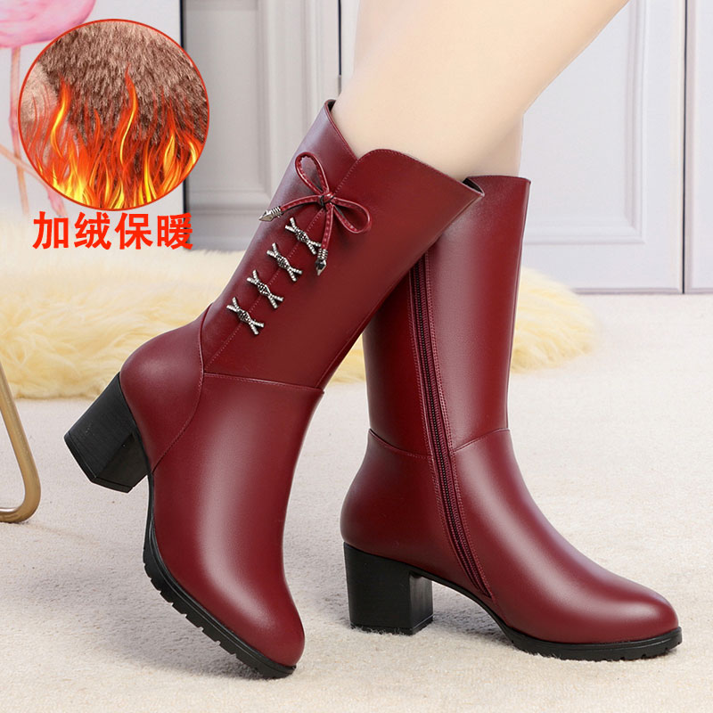 真皮中筒靴子洋气粗跟女靴冬季高跟长靴高筒加绒保暖红色女士皮靴