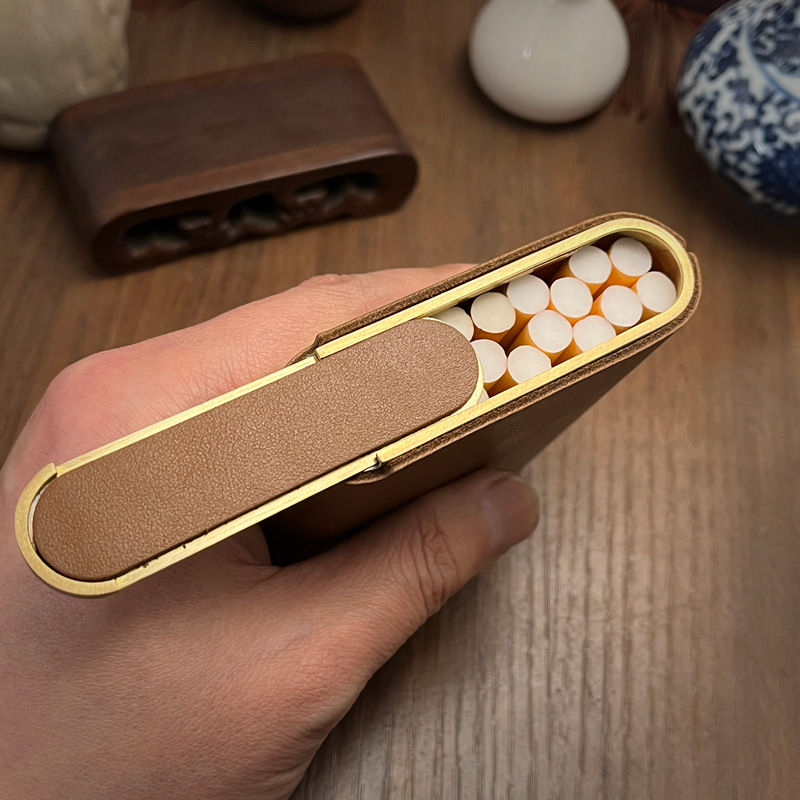 MR.K牛皮黄铜抽盖20支粗烟具手工缝制头层牛皮经典男士防压防潮