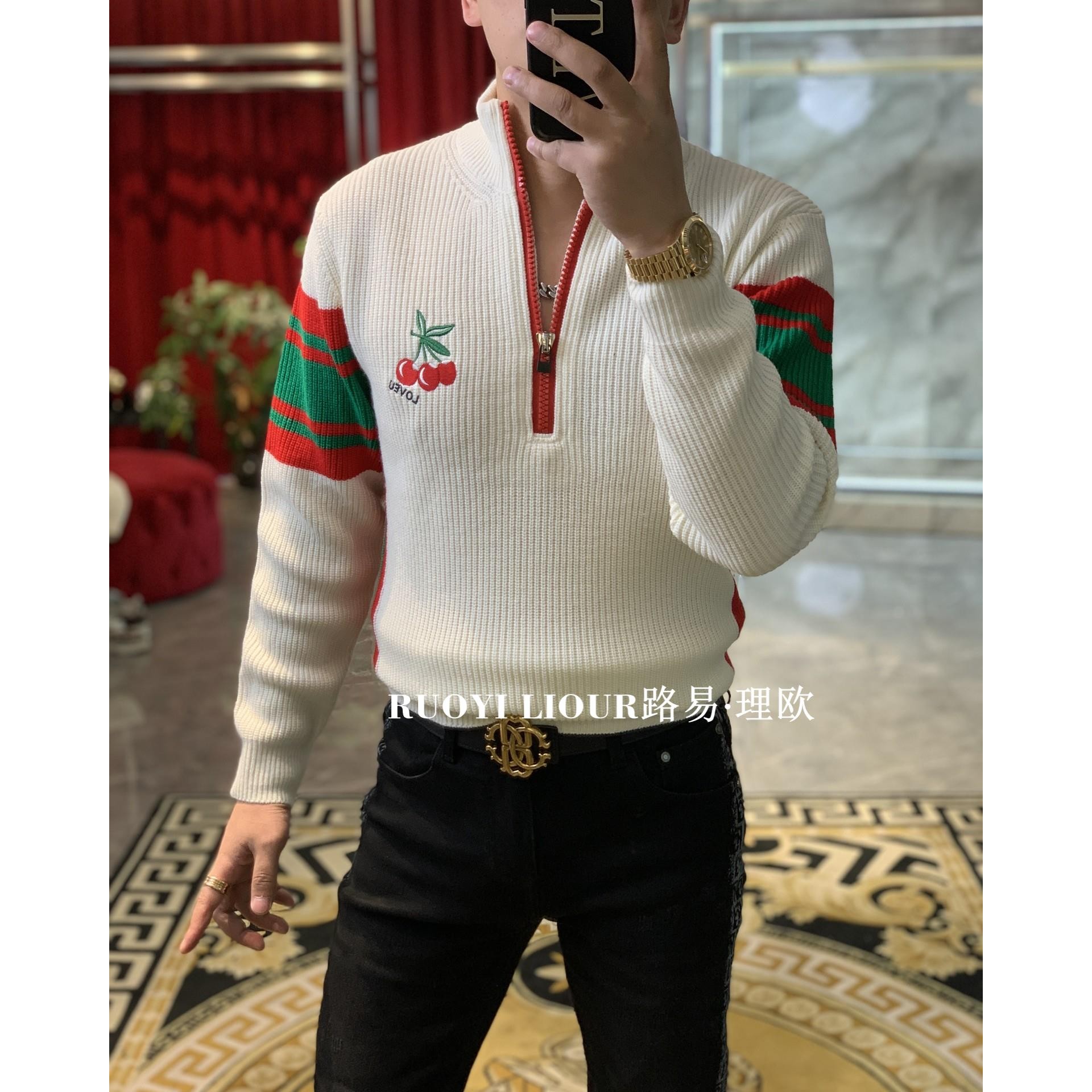 【路易理欧】2024欧货时尚休闲轻奢重工艺樱桃标纯色百搭毛衣10965