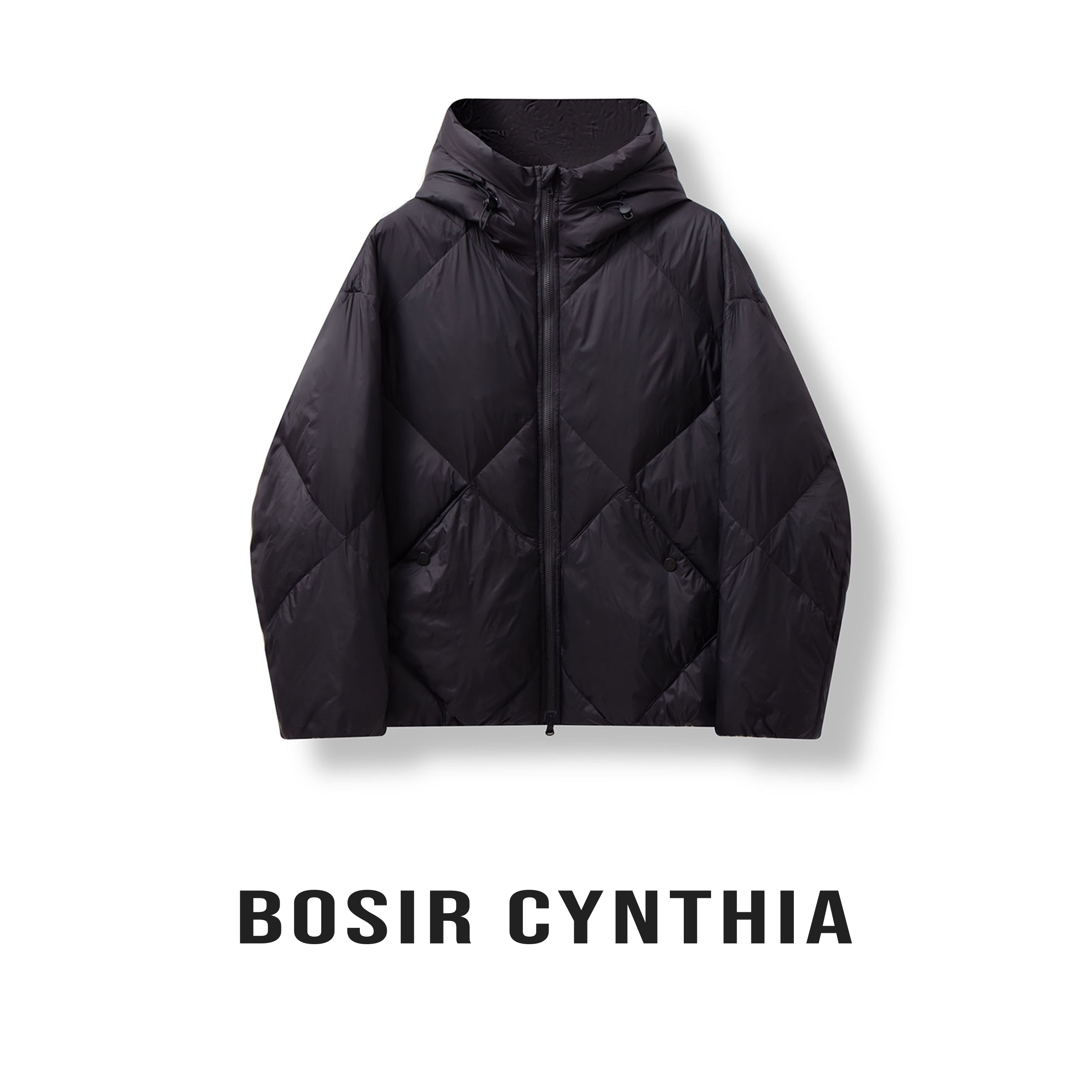 【BOSIR 精选】90白鸭绒菱形格纹斜插袋短款休闲宽松连帽纯色羽绒服