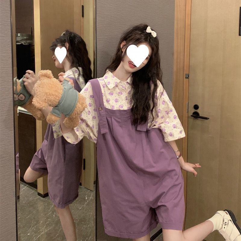 大码学院风背带短裤女夏薄款背带裤+碎花衬衫两件套 夏季显瘦短袖