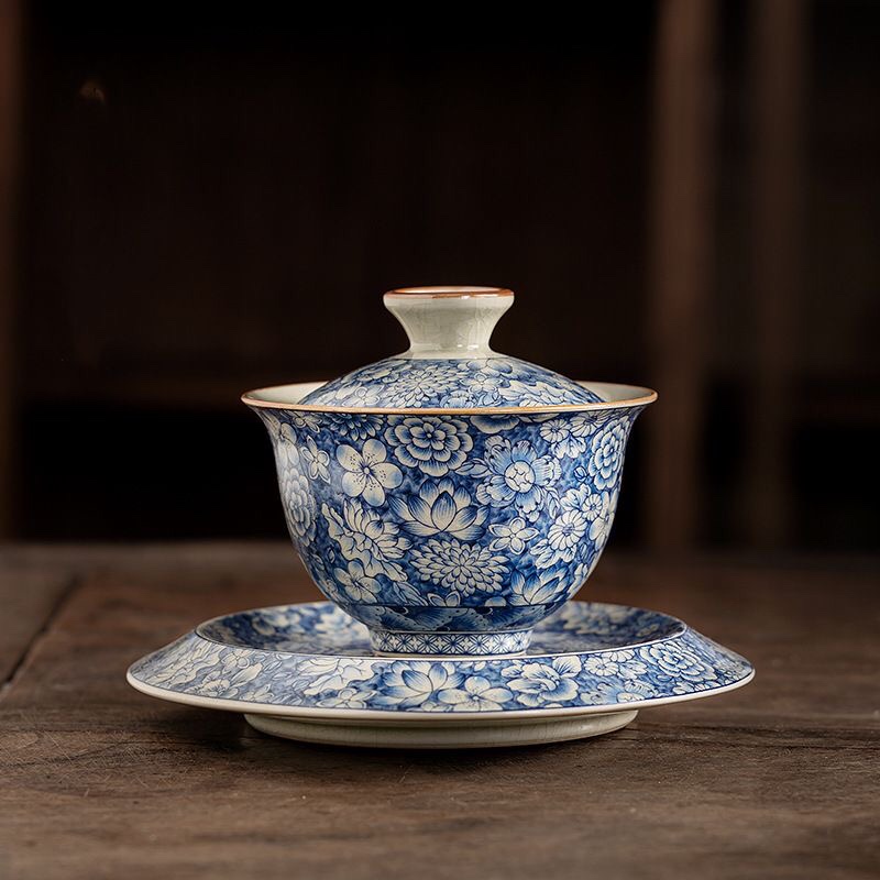 华韵居老陶泥青花万花盖碗壶承高端三才盖碗茶杯陶瓷家用大号敬茶