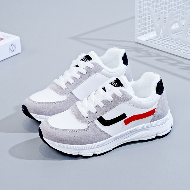 秋季新款加绒加厚皮面运动鞋女学生韩版百搭平底休闲轻便跑步鞋子