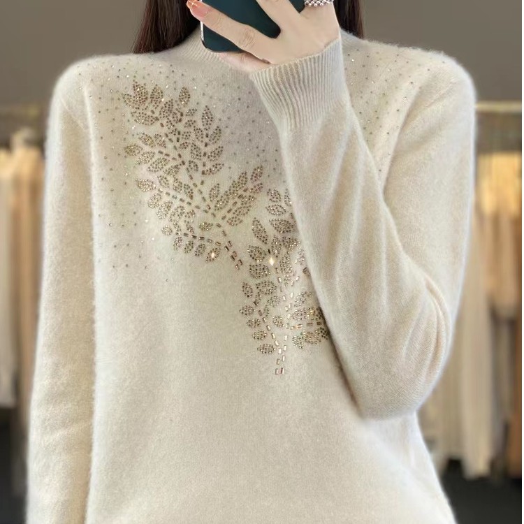 【100%羊毛】一线成衣无缝轻奢澳洲秋冬新款烫钻树叶内衫半高领洋气