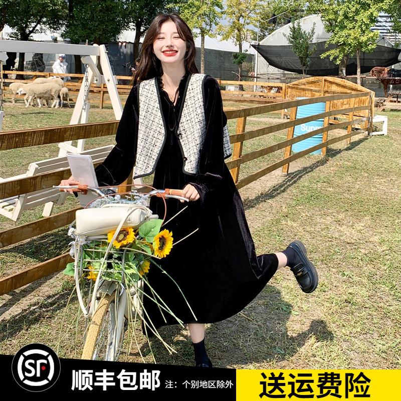 温柔系穿搭时尚马甲套装长裙女春秋新款气质法式丝绒两件套连衣裙