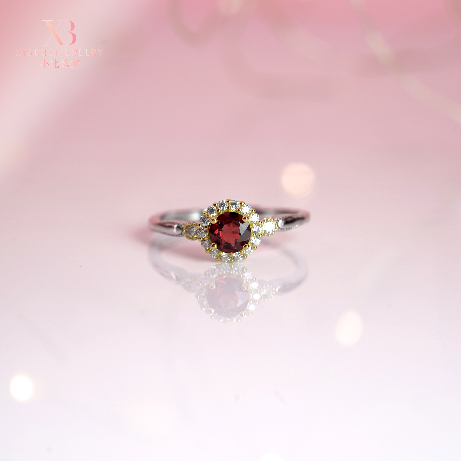 【小北严选】s925银镶嵌石榴石珠宝精美时尚戒指可调节-L01X358