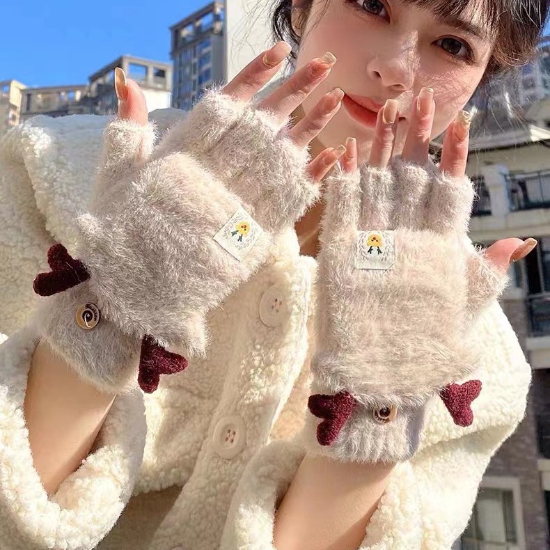 保暖手套秋冬季防寒加厚鹿角手套女冬天可爱学生写字半指翻盖韩版