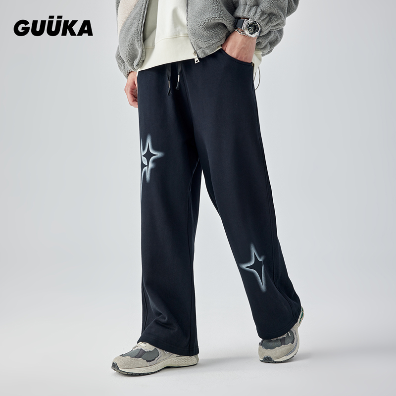 GUUKA潮牌黑色廓形卫裤男纯棉秋季青少年嘻哈四芒星直筒裤子S7730