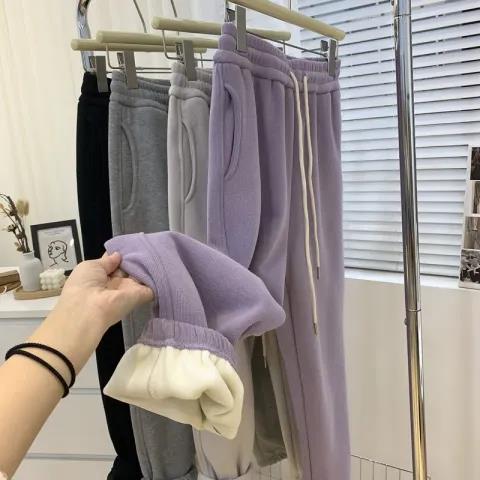 厚绒韩版纯色加绒卫裤高腰宽松加厚束脚裤女2022冬保暖百搭运动裤