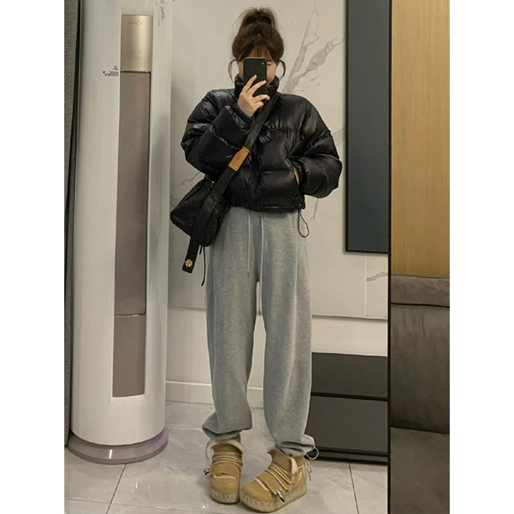 女大学生灰色运动裤秋冬季新款高腰宽松阔腿美式束脚休闲加绒卫裤