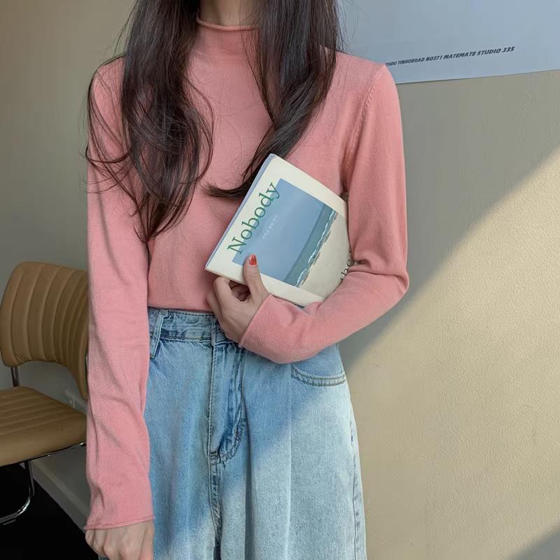 粉色打底衫女半高领纯色秋冬内搭宽松长袖针织衫中领上衣2023新款