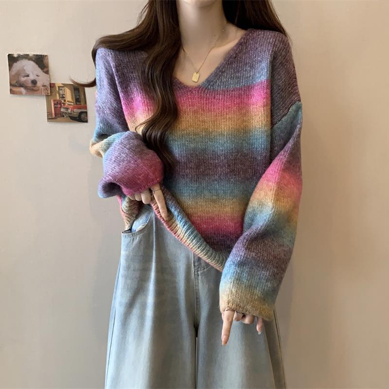 大尺码多巴胺秋季穿搭针织衫女胖软糯宽松遮肉上衣彩色慵懒风毛衣