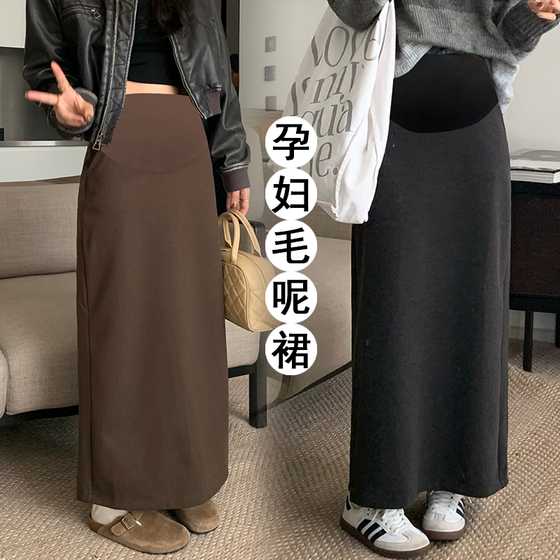 孕妇装毛呢半身裙秋冬季新款高腰显瘦高个子长款后开叉包臀裙3396