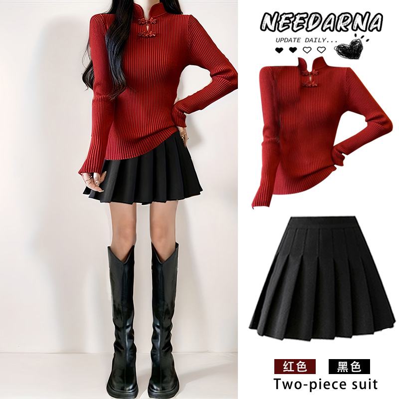新中式国风红色盘扣针织毛衣套装冬季一整套女装小个子显瘦套装裙