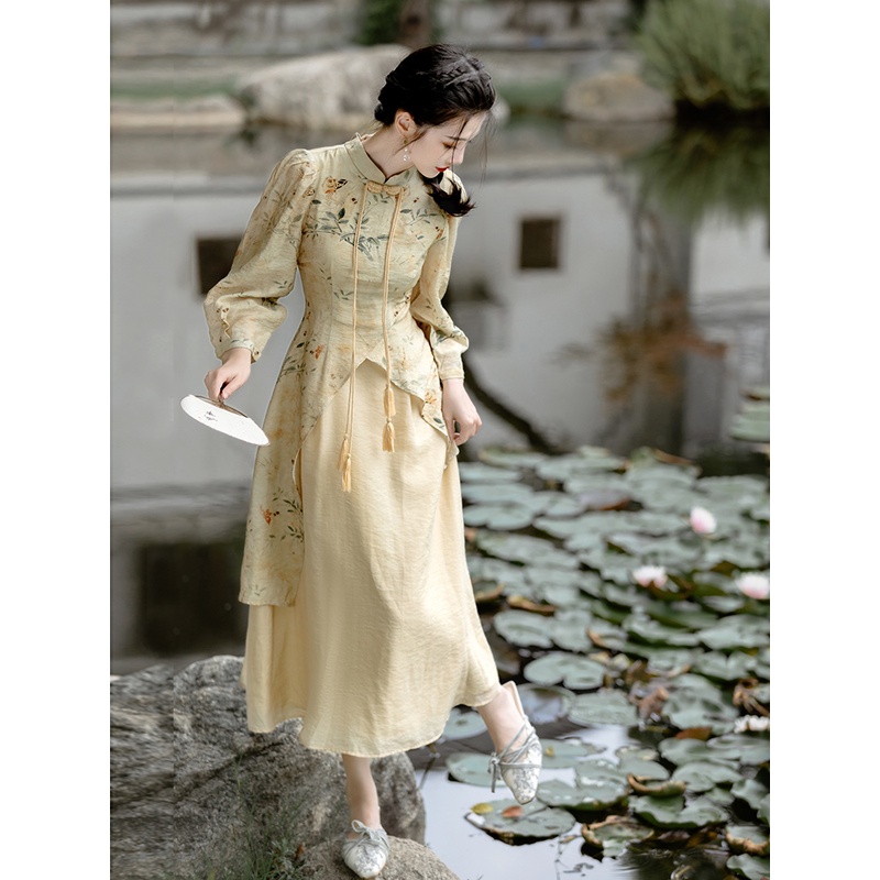 新中式改良旗袍连衣裙女长袖2023秋季新款国风复古盘扣收腰长裙子