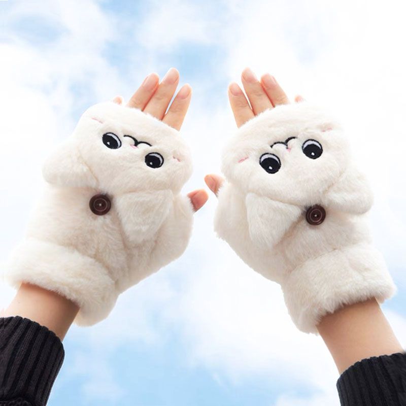 半指保暖手套女冬ins可爱韩版加绒加厚翻盖露指卡通骑车防寒学生
