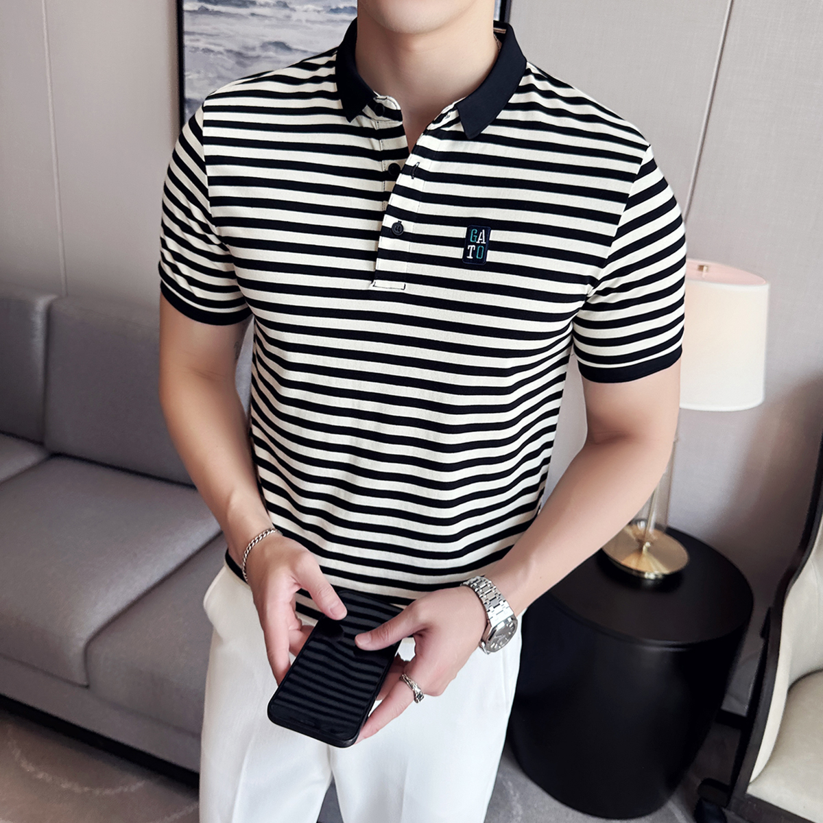 条纹字母男款polo衫夏季休闲百搭修身款帅气撞色男士短袖t恤半袖