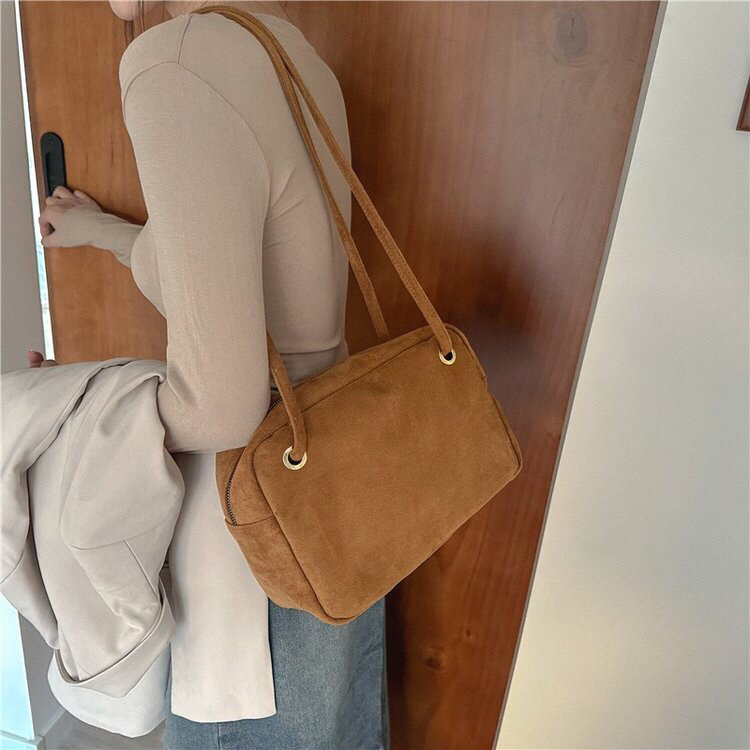 韩风女包小众秋冬新品麂皮绒单肩包百搭通勤绒面拉链包复古腋下包