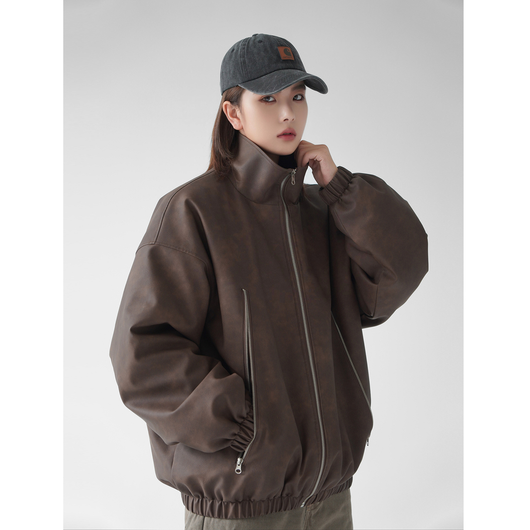 水洗做旧PU皮立领夹克棉服美式机车夹棉皮衣潮流情侣棉衣外套百搭