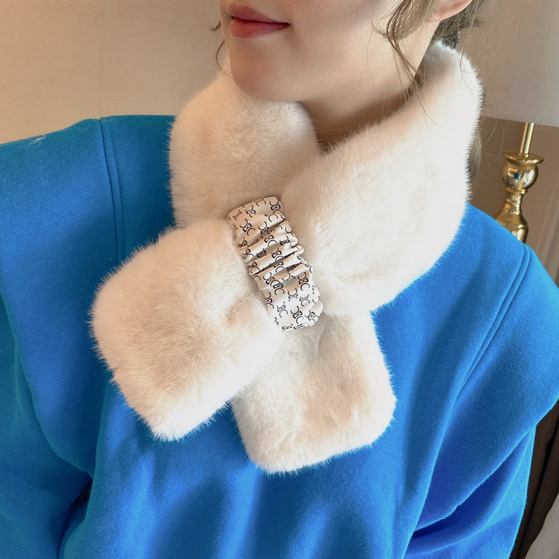 冬季新款皮扣网红百搭交叉毛毛绒围巾女韩国仿兔毛保暖护颈围脖潮