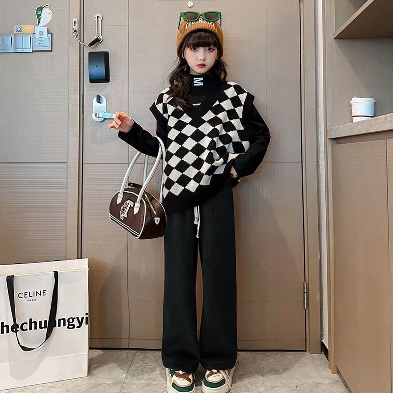 女童冬装裤子洋气中大童学生休闲时髦加绒长裤秋冬网红儿童阔腿裤