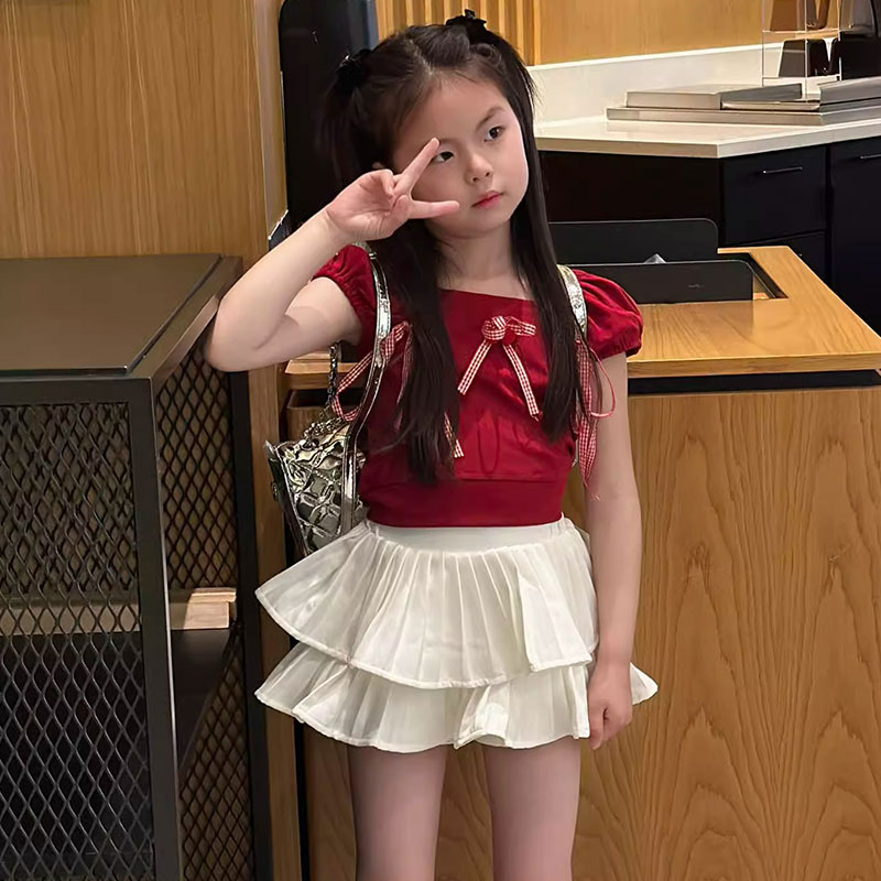 女童2024夏季新款套装儿童休闲蝴蝶结T恤蛋糕短裙洋气百搭两件套