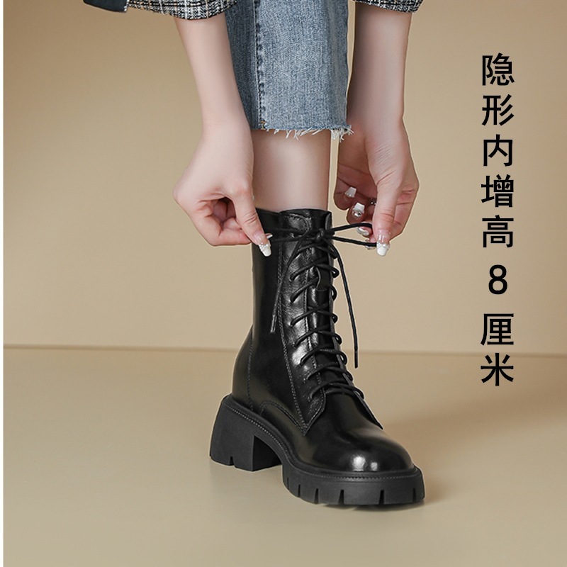 全牛皮~内增高马丁靴女2023秋冬新款英伦小个子真皮百搭厚底 短靴
