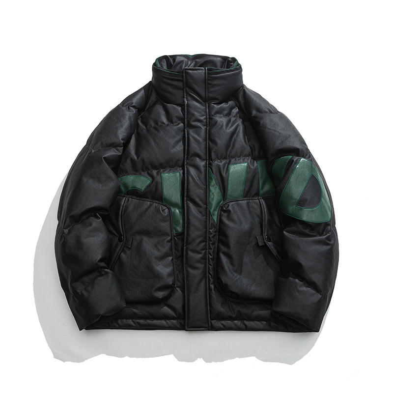 90白鸭绒皮羽绒服男潮牌冬季加厚宽松立领字母印花工装羽绒衣外套