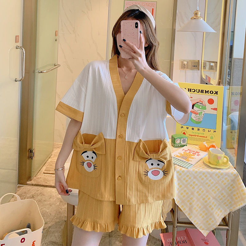 【叶子老爹家居服】5042黄色小老虎开衫短袖短裤家居服