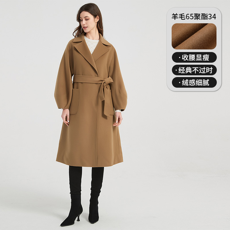 剪标 | 时尚气质驼色双面呢灯笼袖中长羊毛 女士双面呢大衣宽松