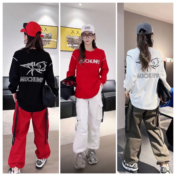 DD秋冬新品宽松卫衣+飘带水洗棉工装裤