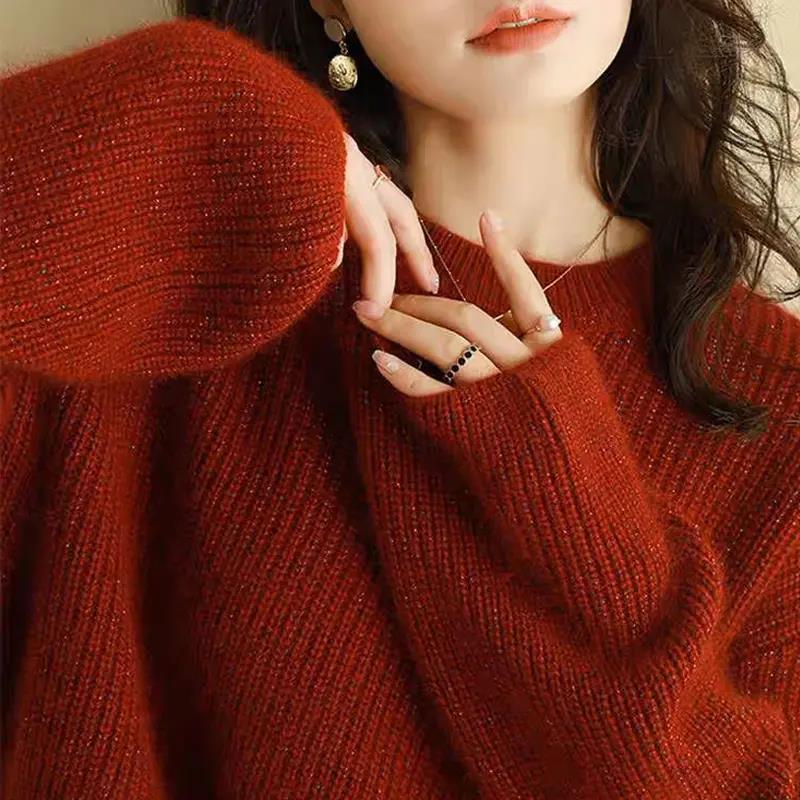 慵懒风红色新款毛衣女23高档百搭减龄洋气软糯圆领套头长袖上衣