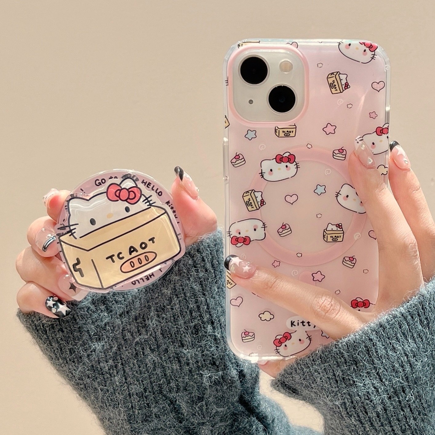 少女粉卡通凯蒂猫磁吸支架适用iphone15手机壳苹果14新款13ProMax