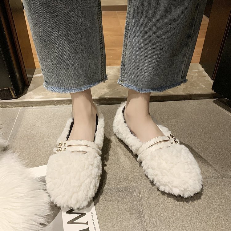网红百搭设计感一字扣豆豆鞋女冬加绒2023洋气爆款百搭防滑毛毛鞋