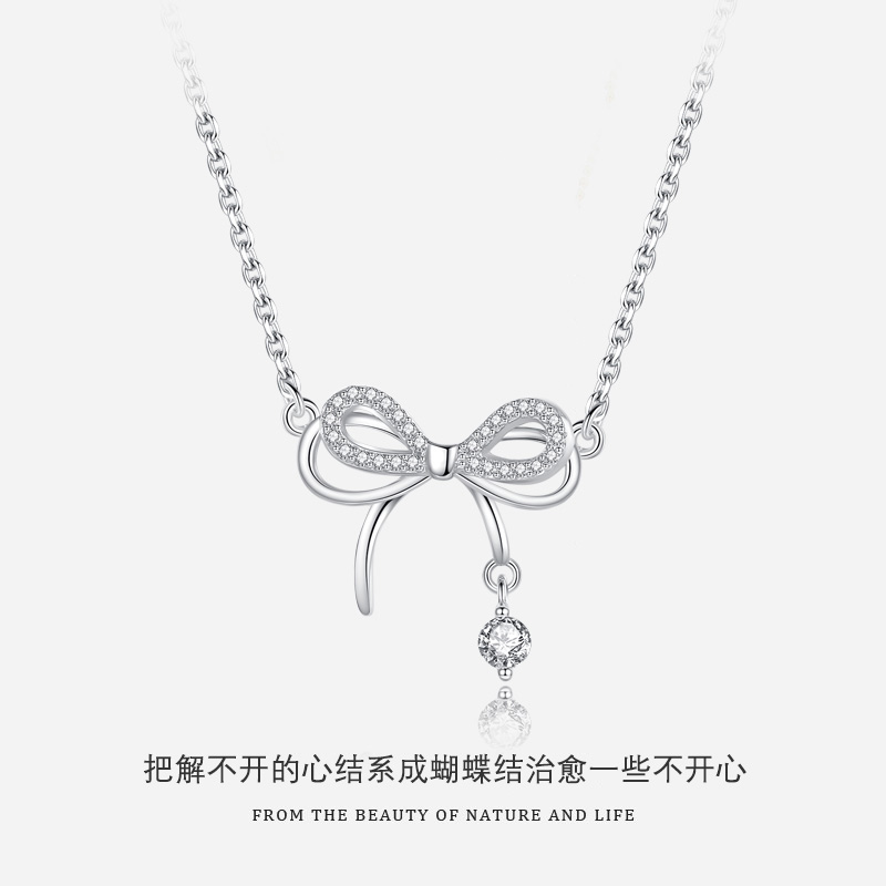 坠链均925银合成锆石 蝴蝶结纯银项链女锁骨链高级感吊坠轻奢饰品