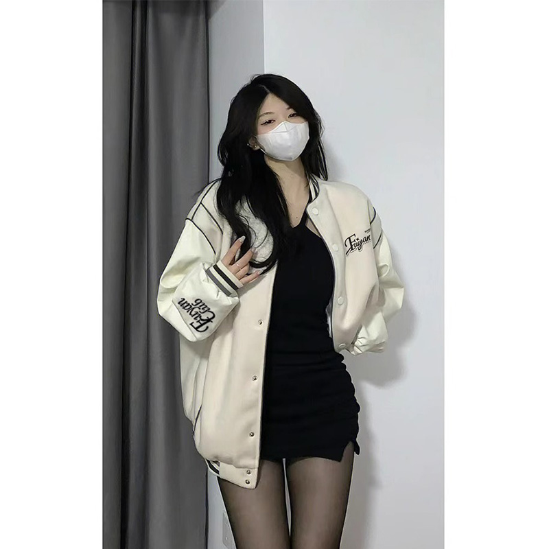 昆白白色棒球服外套女秋季新款欧美式vintage运动休闲情侣款夹克