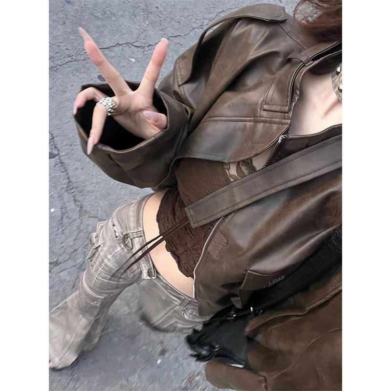 昆白棕色短款复古皮衣外套女春秋新款vintage美拉德穿搭情侣夹克