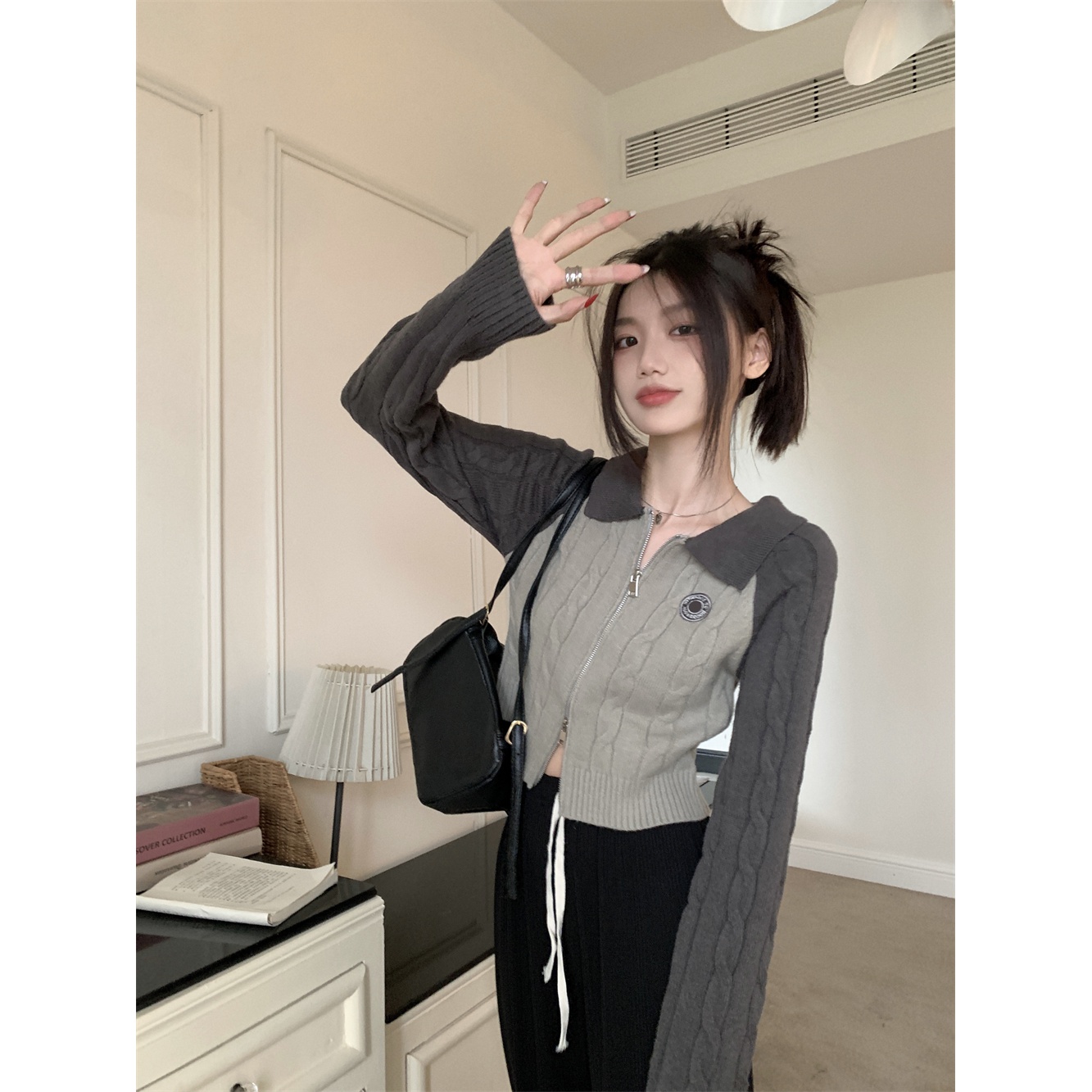 复古撞色设计感针织衫女装秋季短款内搭打底衫双拉链毛衣开衫上衣