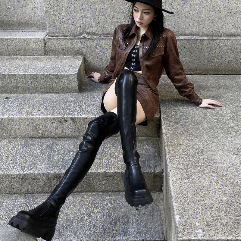 回力瑞网红方糖过膝靴女2023新款秋冬季百搭厚底显瘦长筒靴长靴