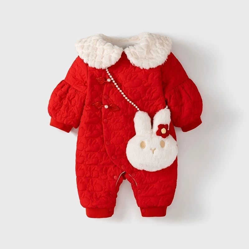 婴儿衣服秋冬装薄棉连体衣女宝宝超萌百天过年红色喜庆冬季拜年服
