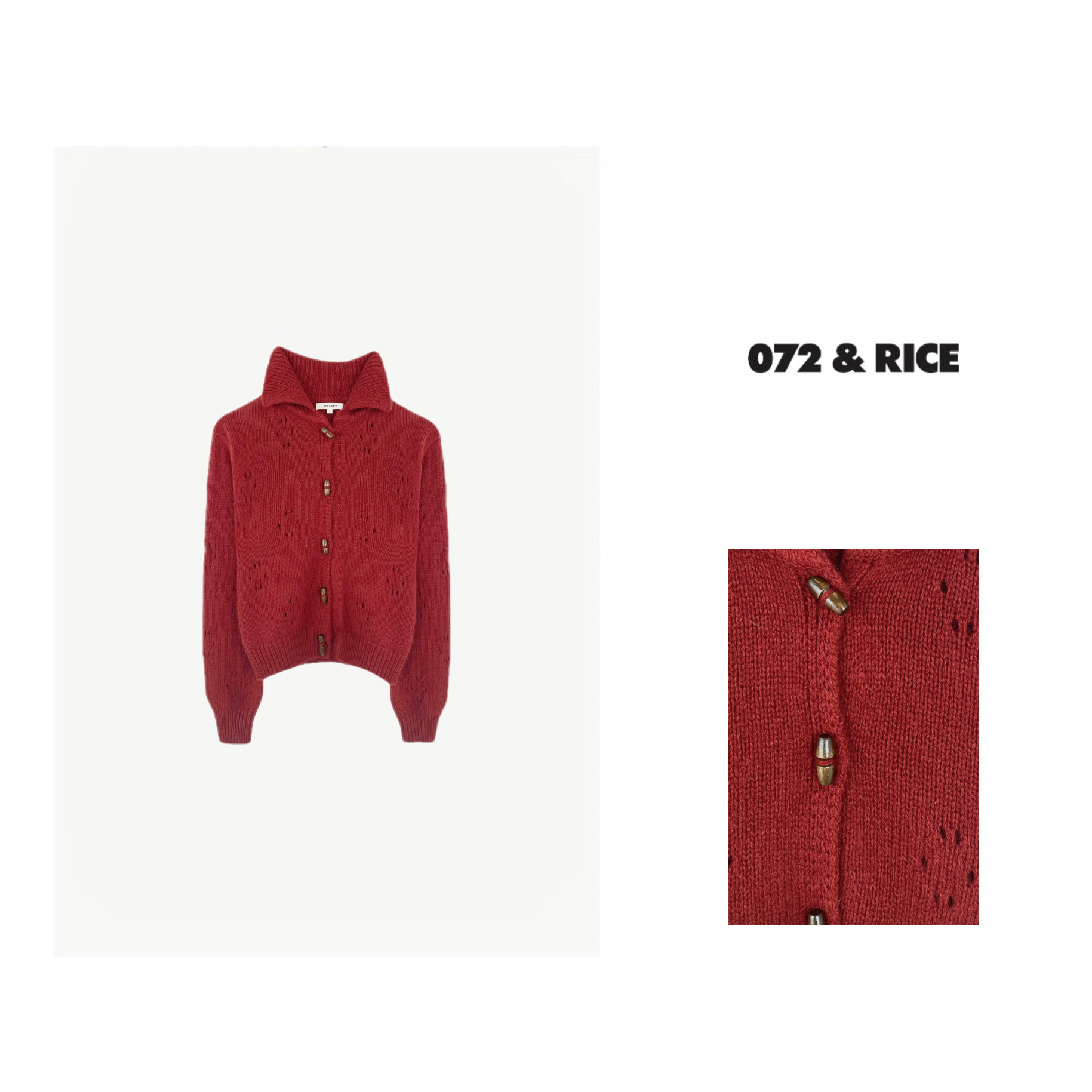 *072 & RICE【复古红】秋冬休闲翻领单排扣长袖针织开衫 OM5509 FL