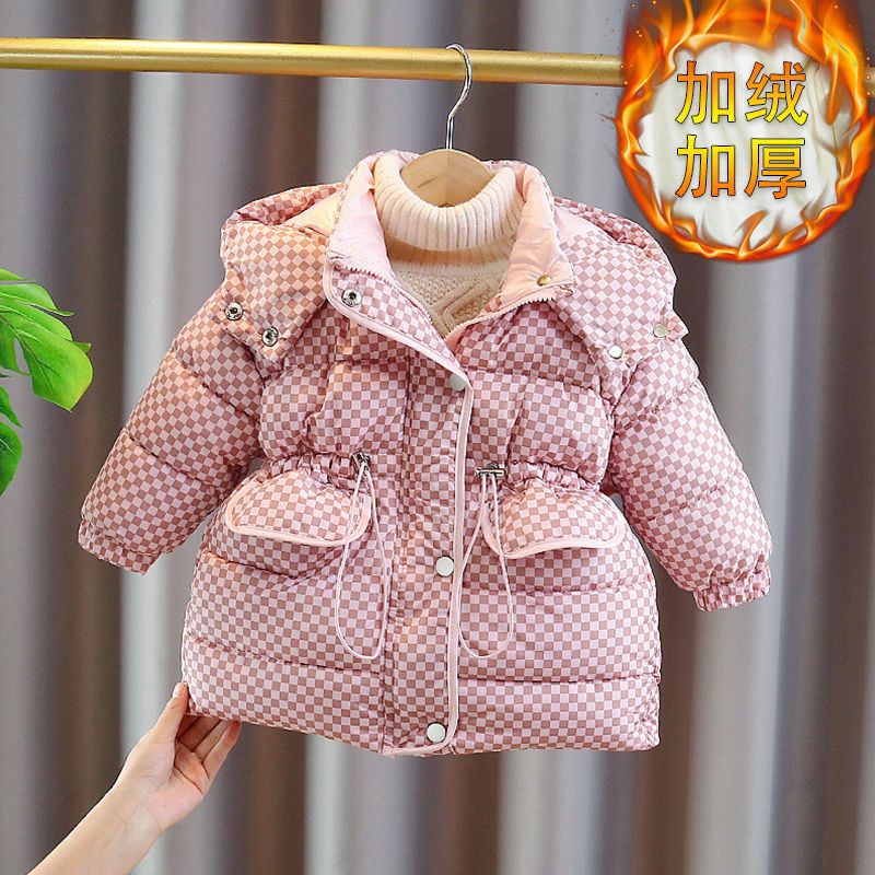 女童棉服冬装2023新款洋气儿童格子棉衣中长款童装女宝宝外套加厚