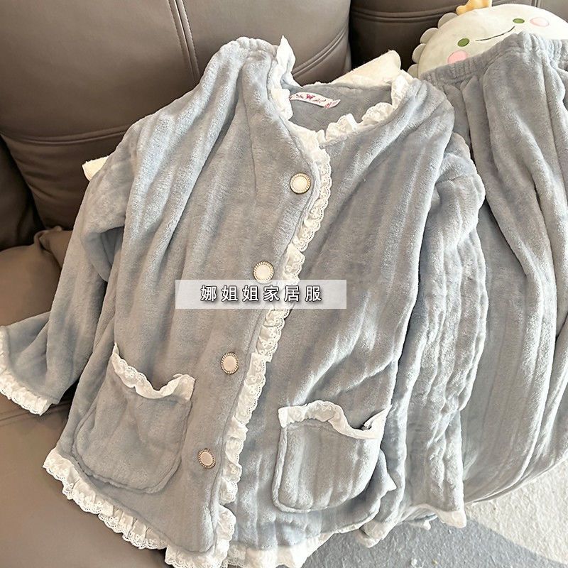 秋冬季珊瑚绒睡衣女士加绒加厚宽松可爱法兰绒家居服套装
