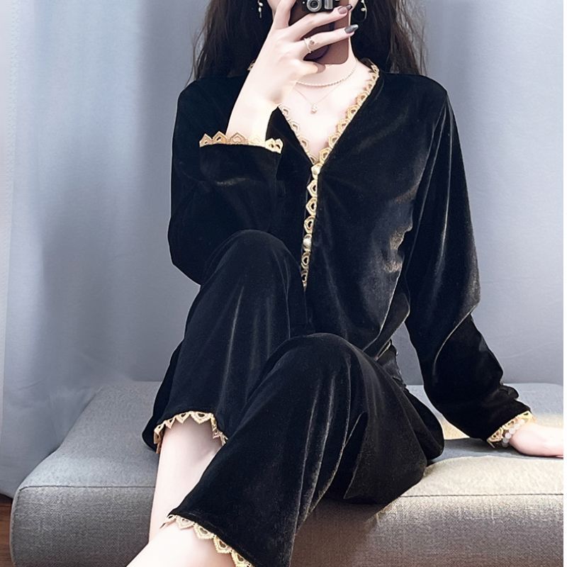轻奢简约V领金丝绒睡衣女秋冬春秋长袖黑色可外穿花边家居服开衫