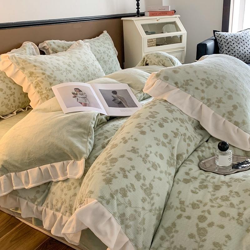 秋冬高克重法式花边牛奶绒四件套秋冬保暖韩式小清新公主风少女心