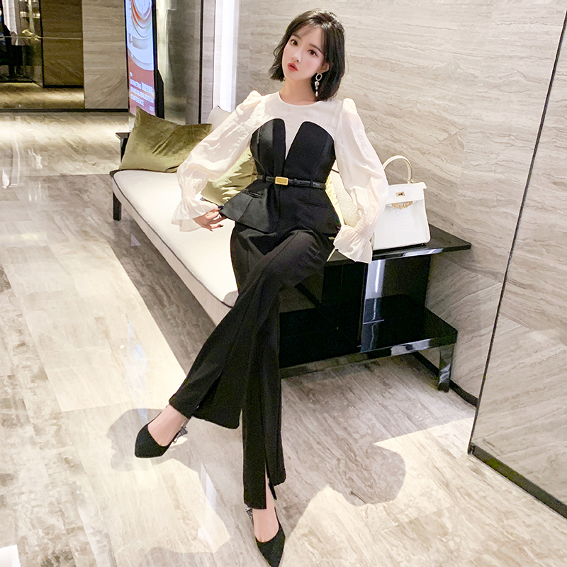 【现货】MIUCO撞色拼接束腰带廓形下摆喇叭袖上衣+开叉喇叭裤套装